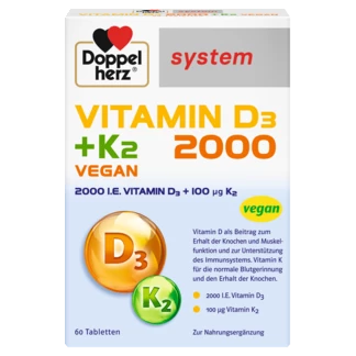 Abbildung der Produktverpackung Doppelherz system VITAMIN D3 2000 + K2 VEGAN Frontansicht